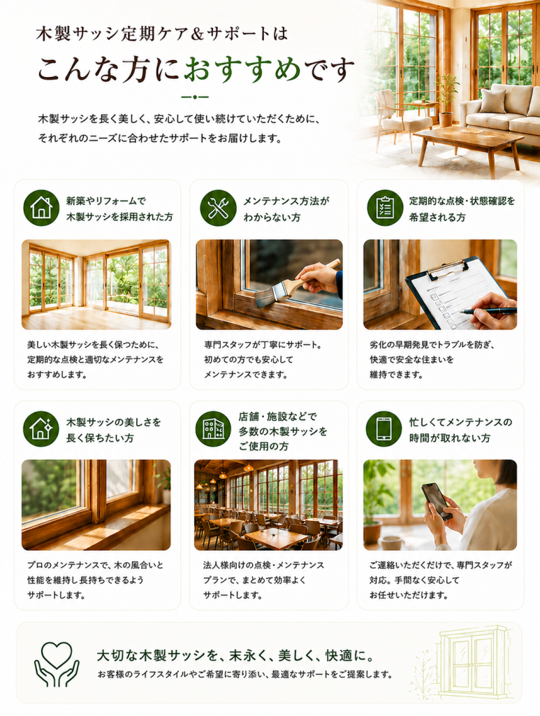 木製サッシ定期ケア&サポートはこんな方におすすめ。新築やリフォームで木製サッシを採用された方、メンテナンス方法がわからない方、定期点検や状態確認を希望される方、木製サッシの美しさを長く維持したい方、店舗や施設で多数の木製サッシをご使用の方、忙しくメンテナンスの時間が取れない方向けの定期点検・維持管理サポートサービス。